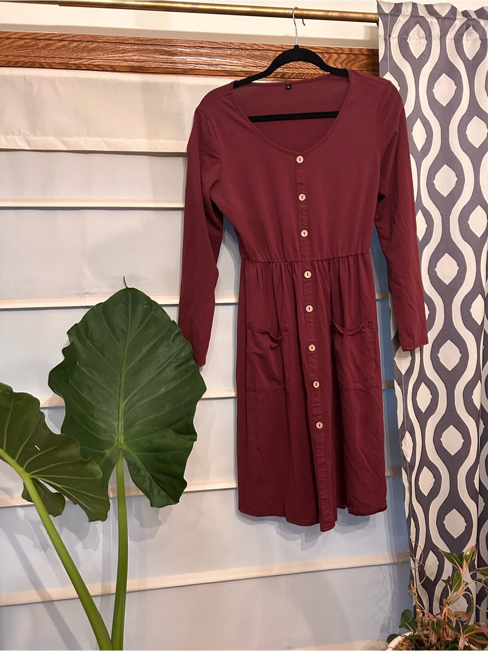 Women's Faux Button-Front Long Sleeve Dress in Burgundy